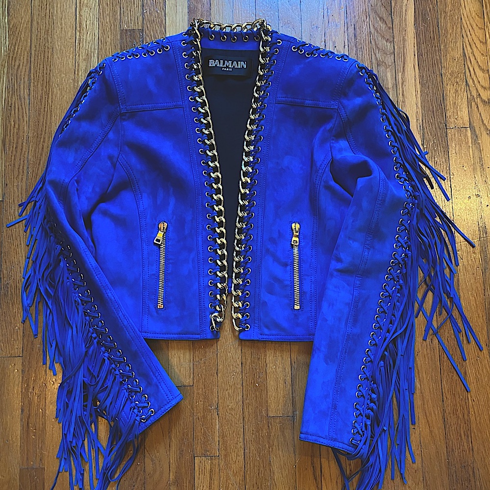 ❌SOLD❌ Balmain blue suede fringe cropped jacket